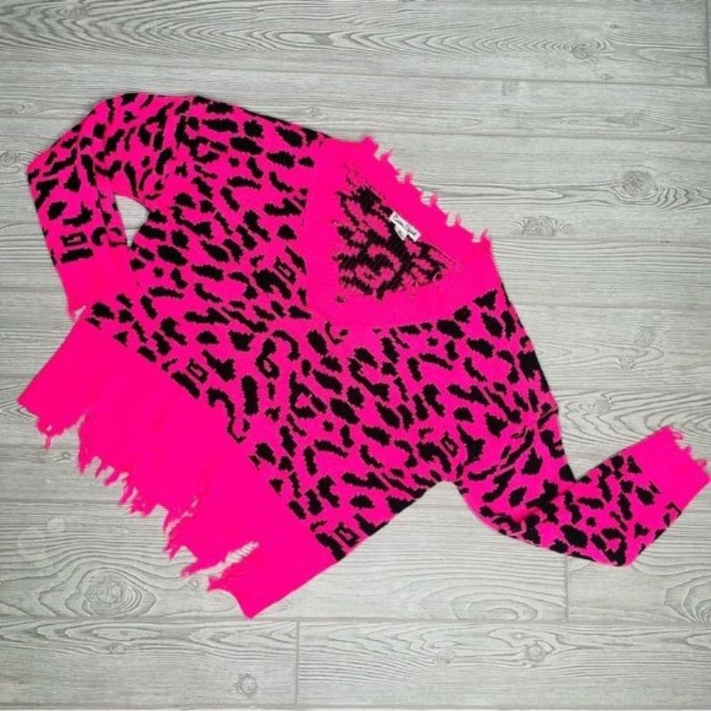 Caren sport hot Pink Black Leopard Animal Print Shredded distressed Sweater 3x